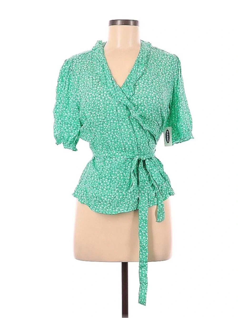 Old Navy Green Floral Micro Wrap Blouse with Belted Tie Waist V Plunge Large EUC